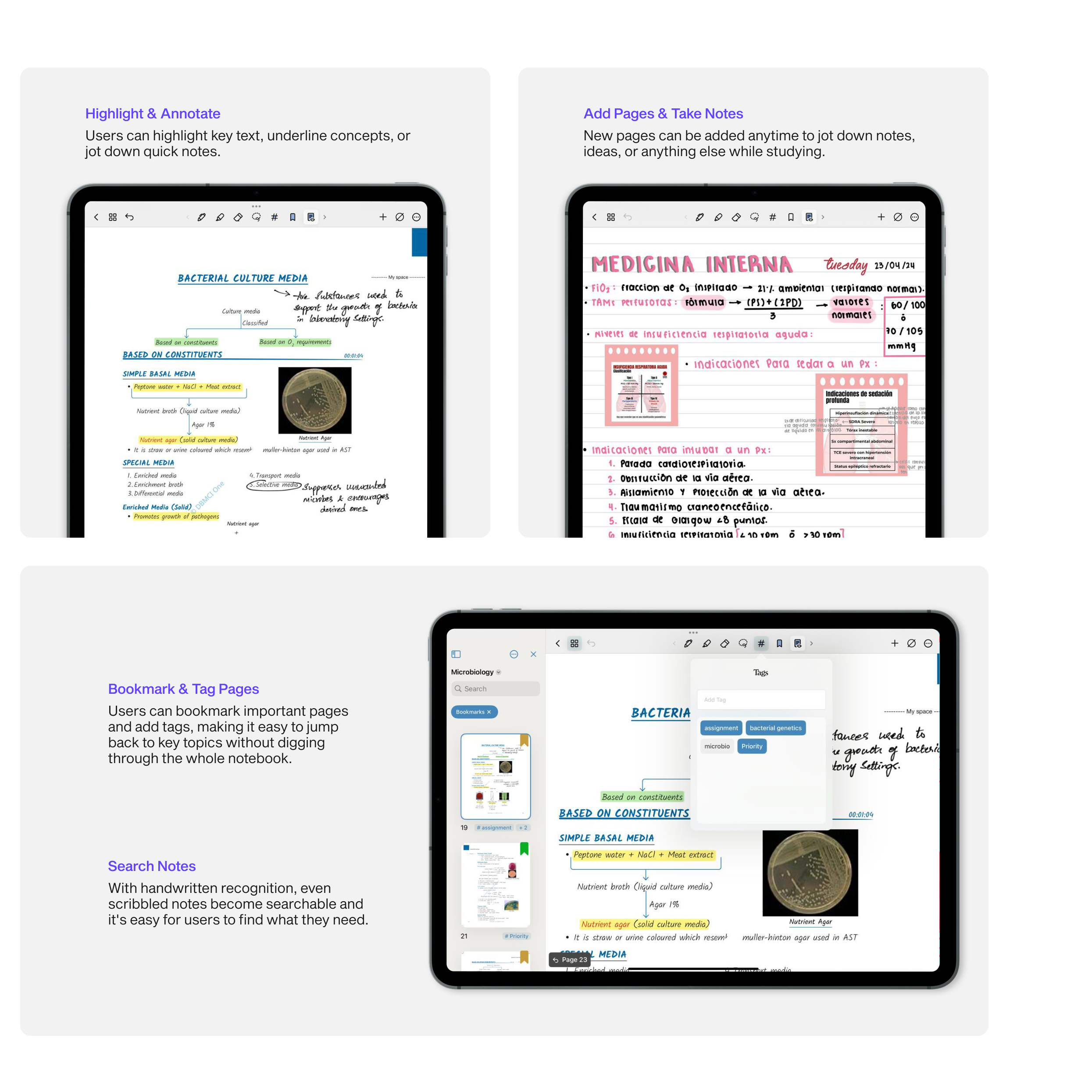 Highlight, annotate, bookmark and search features