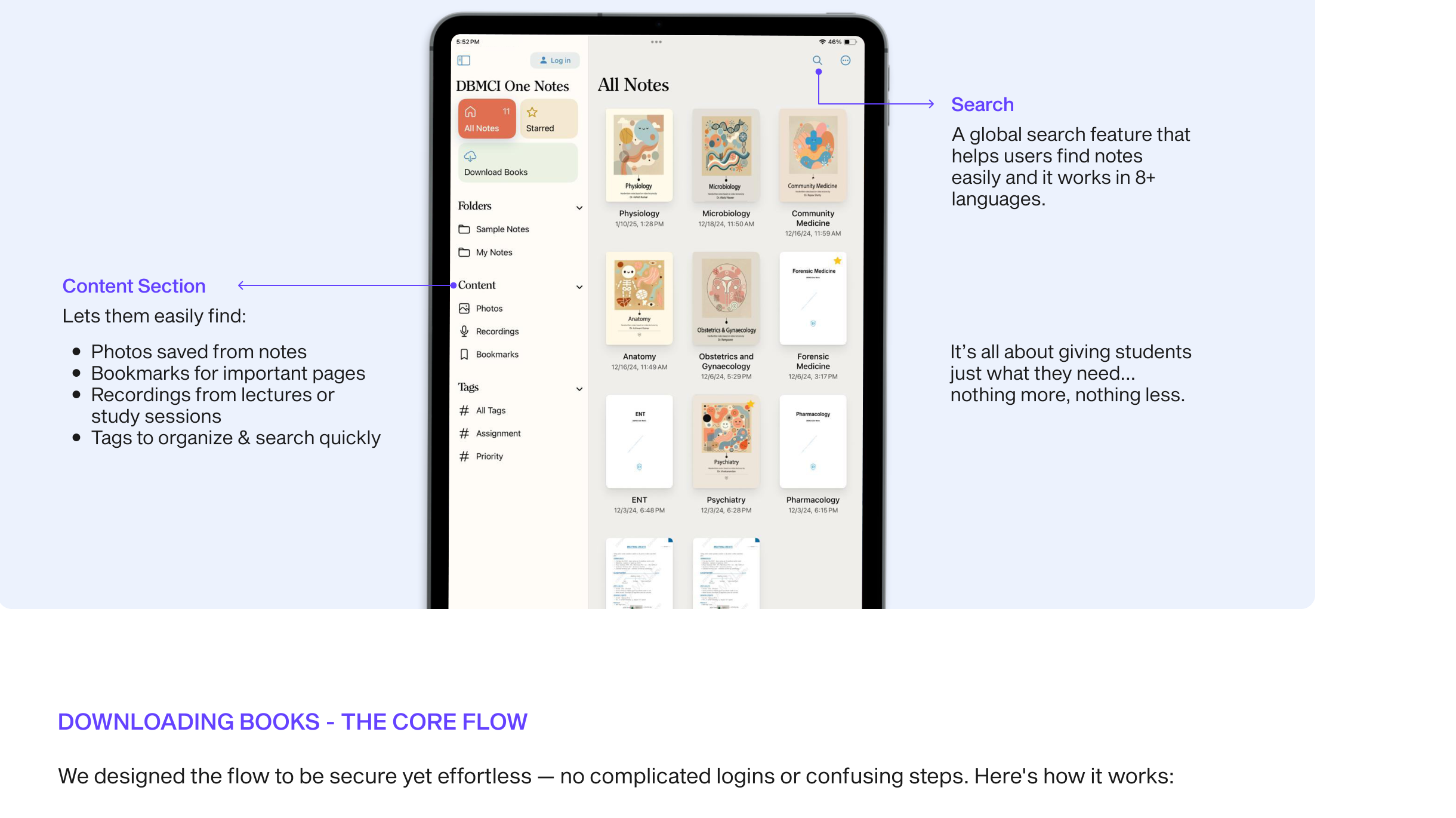 Annotated content section with search