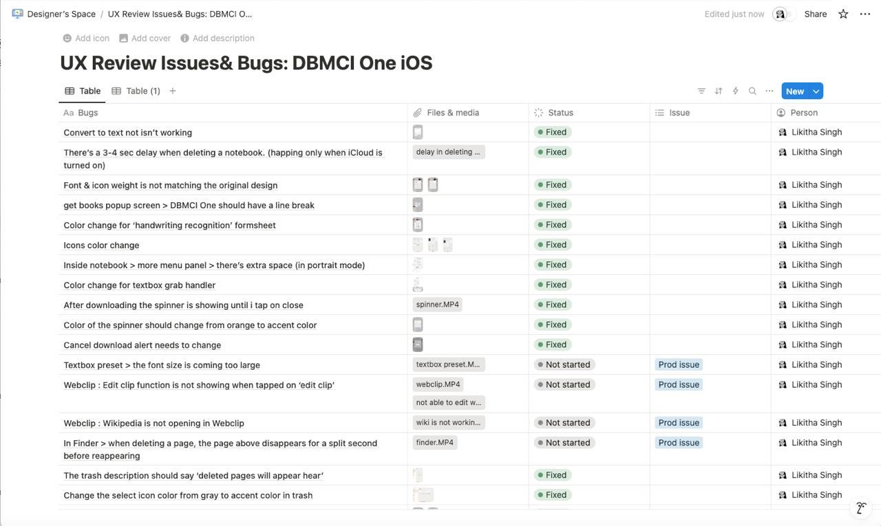 UX review issues and bugs tracked in Notion